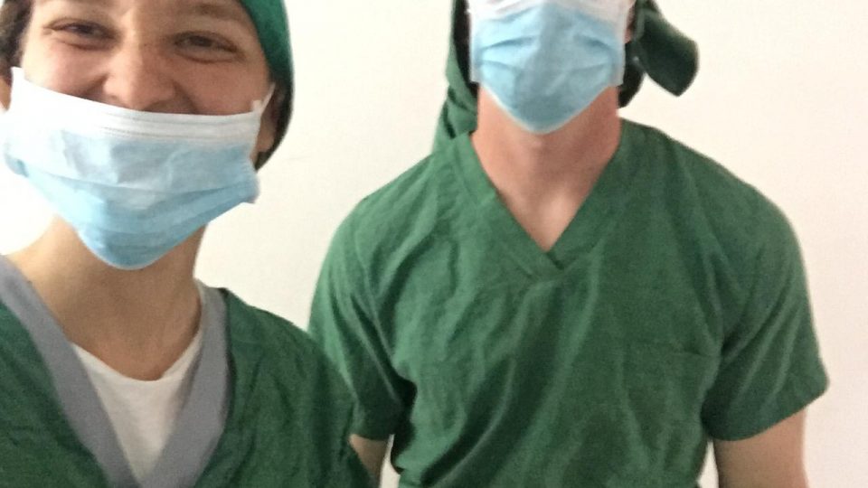 volunteer selfie in scrubs on Tanzania medical project
