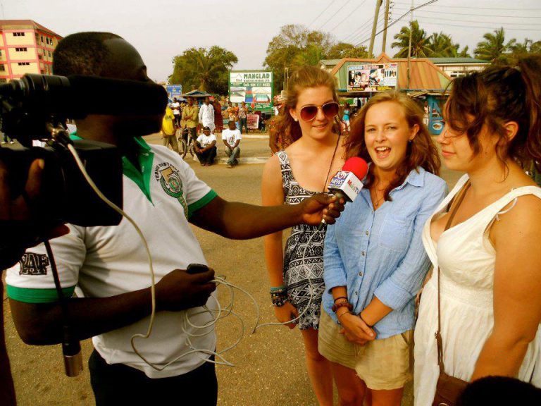 Media team filming interviews in Ghana