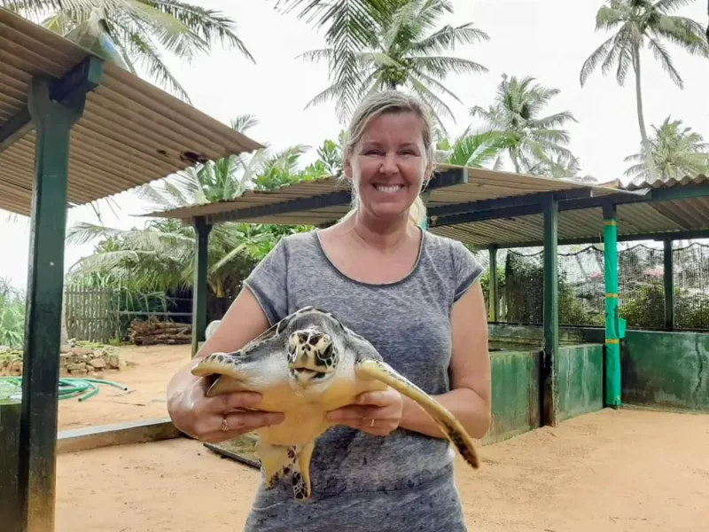 holding a large turtle at the centre