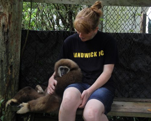 Participant with George (disabled gibbon)